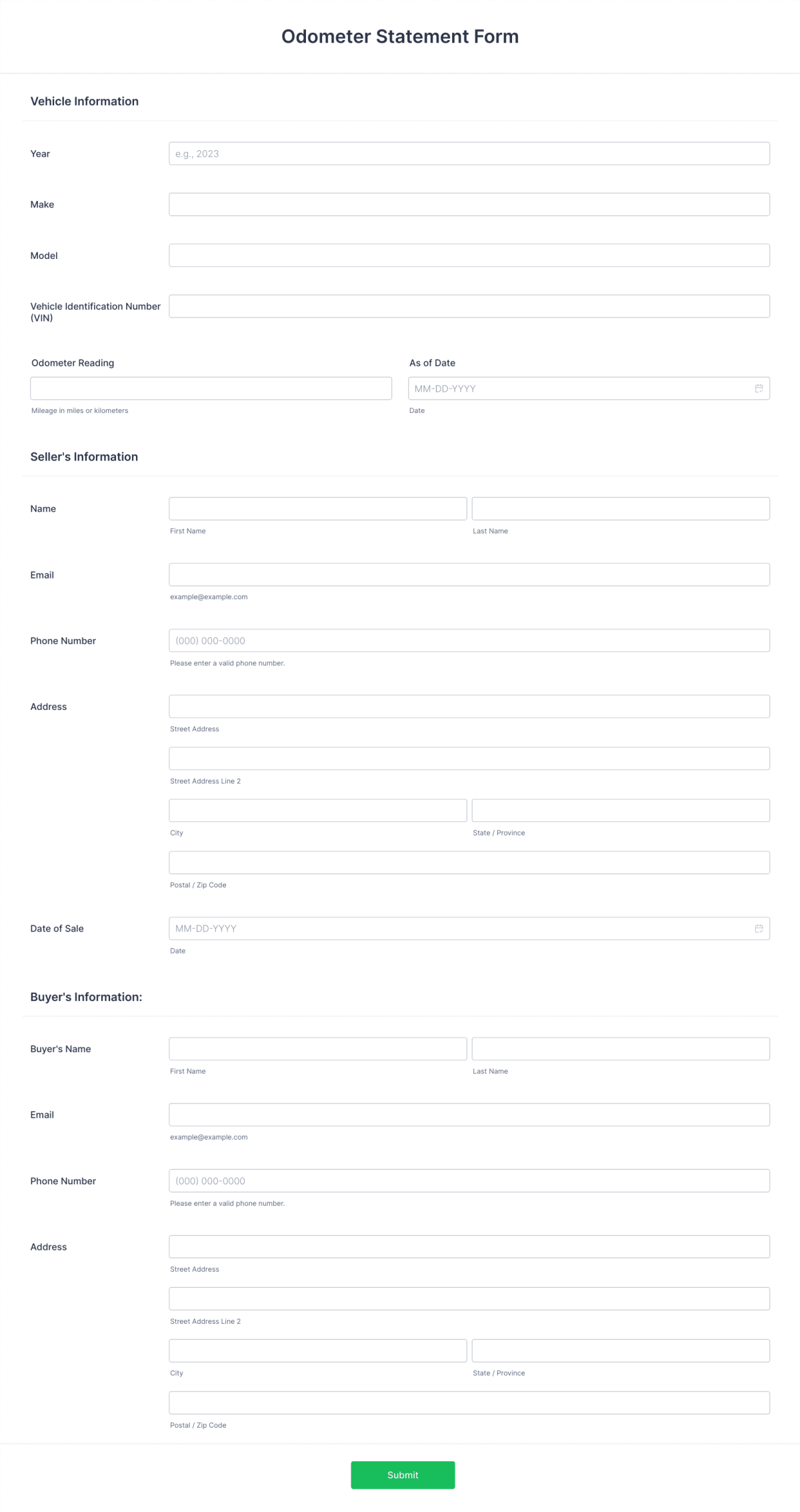 Odometer Statement Form Template | Jotform