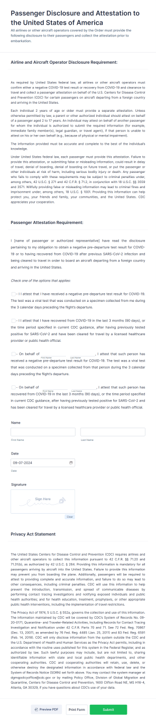 Passenger Disclosure And Attestation To The United States Of America Form Template