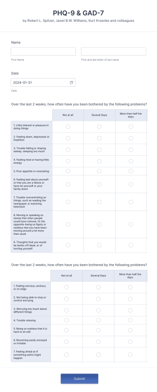 Patient Health Questionnaire And Generalized Anxiety Disorder Questionnaire Form Template