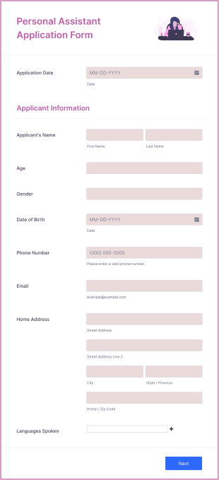 Personal Assistant Application Form Template
