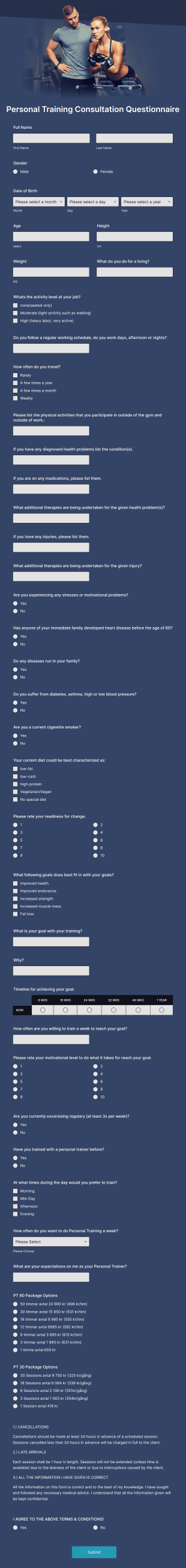 Personal Training Consultation Questionnaire Form Template