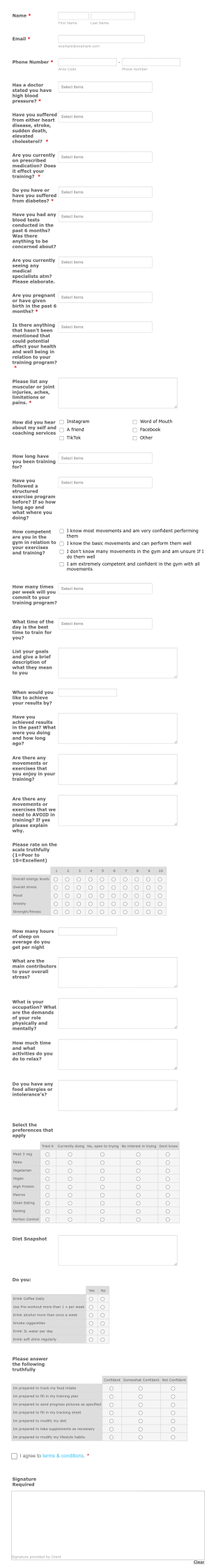 Personal Training Questionnaire STC Form Template