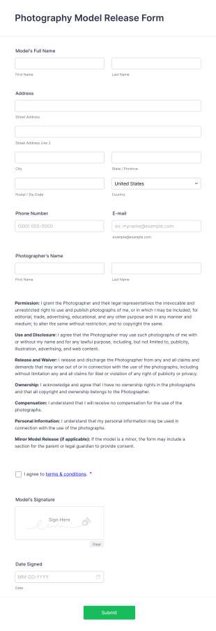 Photography Model Release Form Template