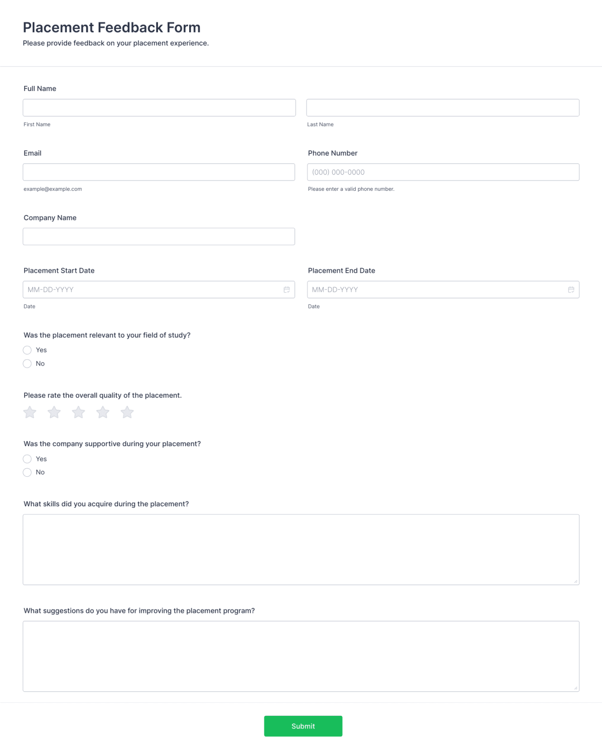 Placement Feedback Form Template | Jotform