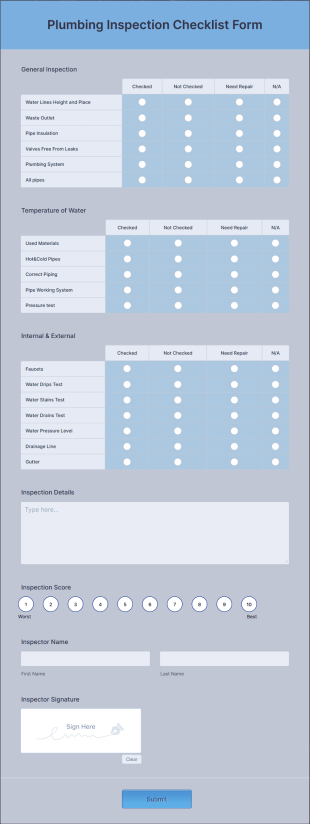 Plumbing Inspection Checklist Form Template