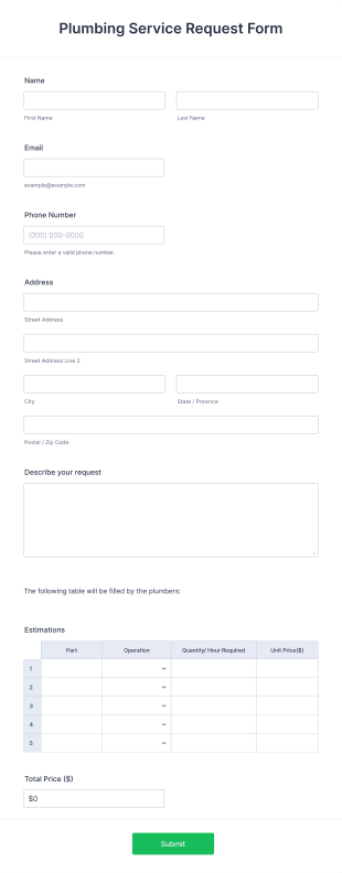 Plumbing Service Request Form Template