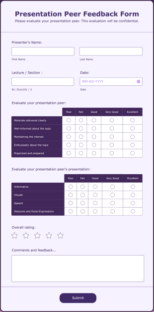 Presentation Peer Feedback Form Template