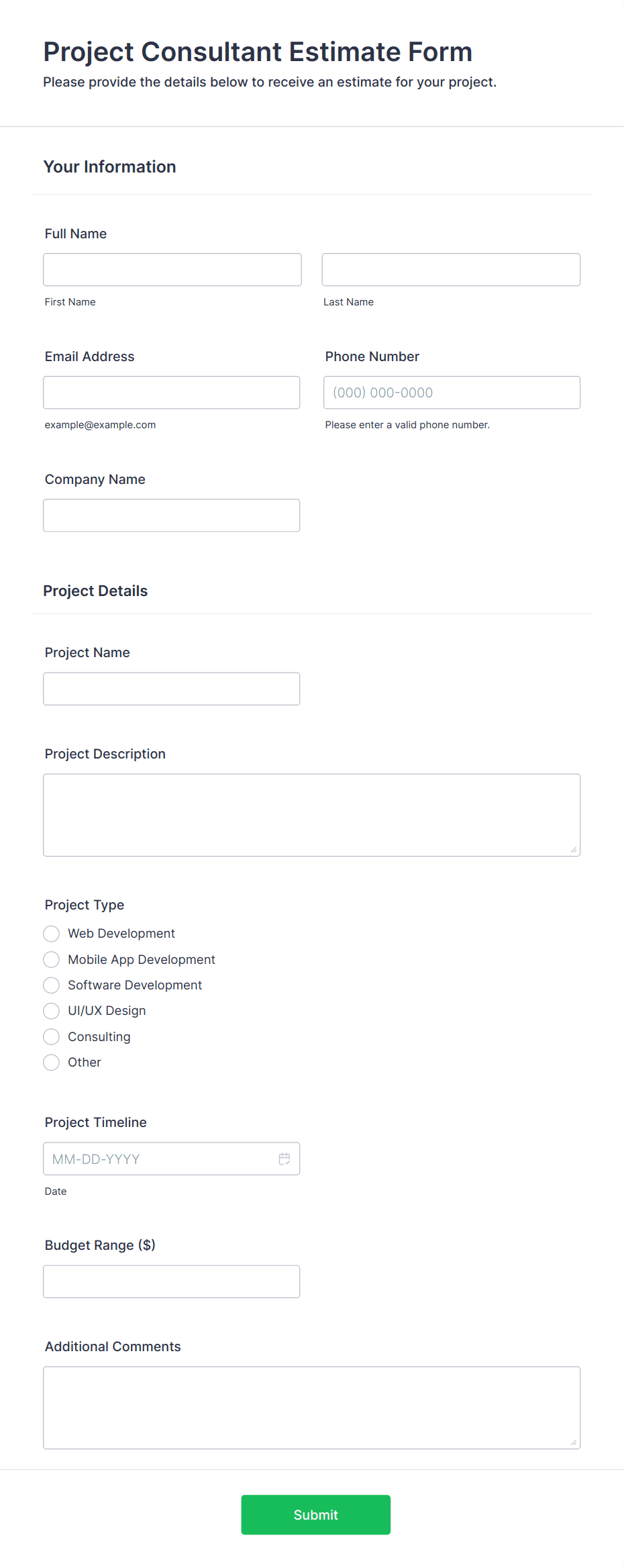 Project Consultant Estimate Form Template 