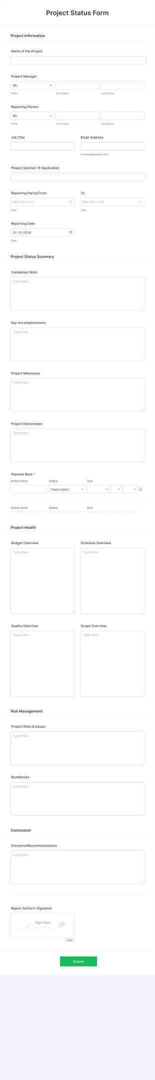 Project Status Form Template