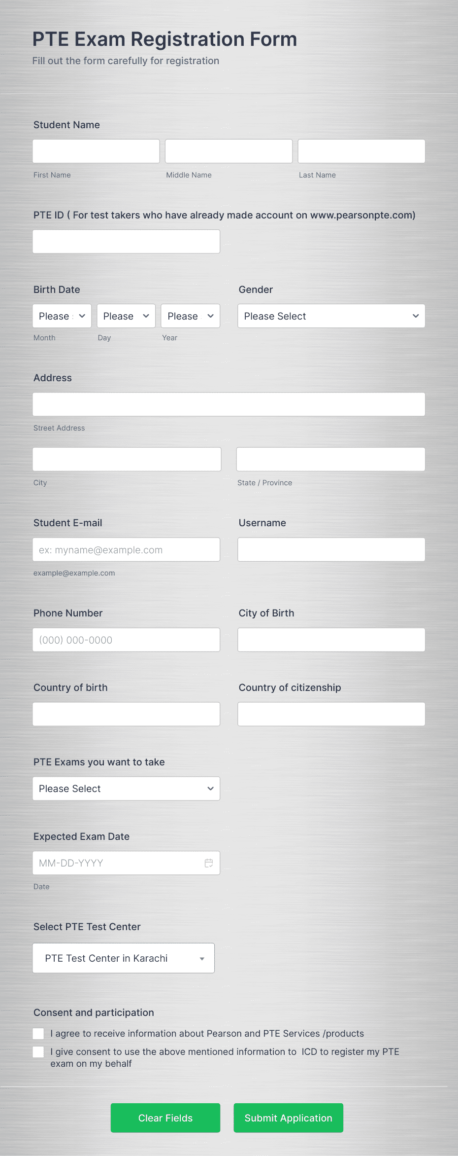 PTE Exam Registration Form Template | Jotform