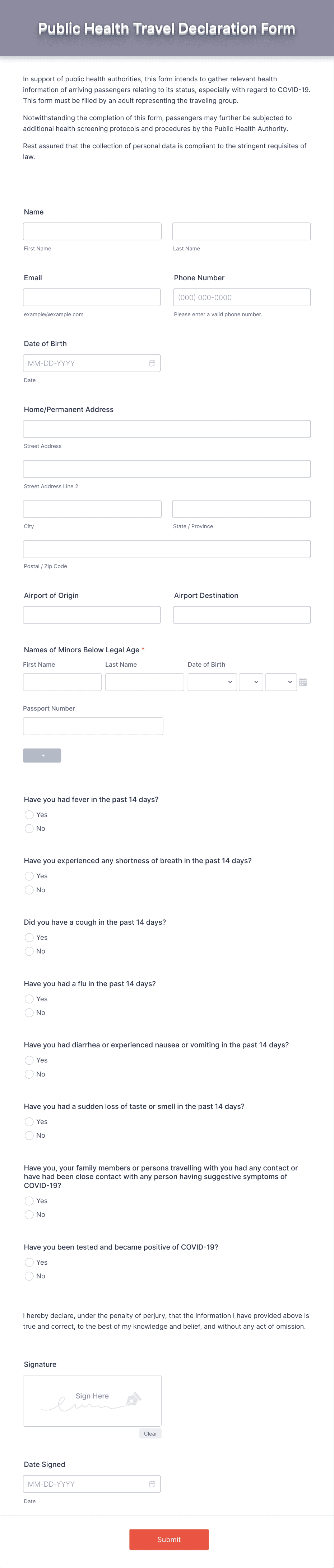 Public Health Travel Declaration Form Template Jotform