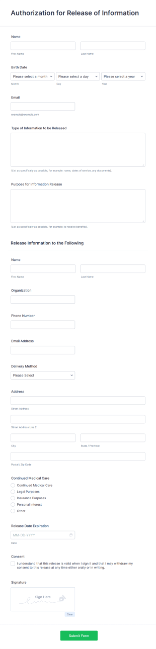 Release Of Medical Information Form Template