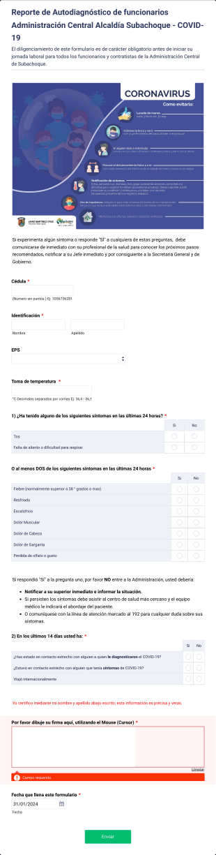 Reporte De Autodiagnóstico De Funcionarios Administración Central Alcaldía Subachoque COVID 19 Form Template