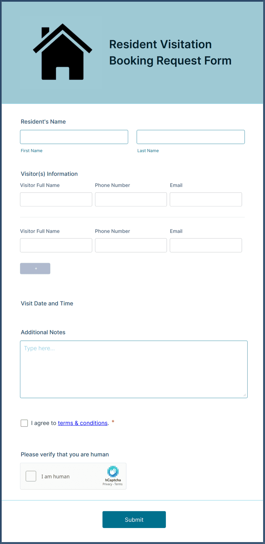 Resident Visitation Booking Request Form Template | Jotform