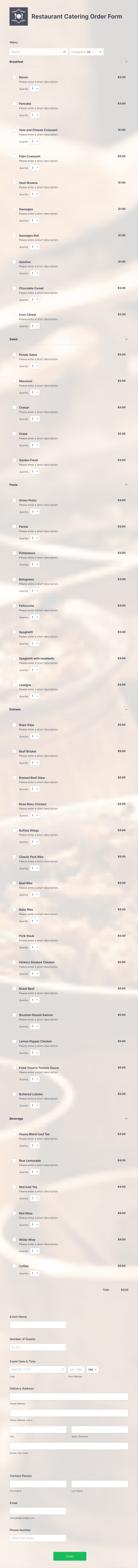 Restaurant Catering Order Form Template