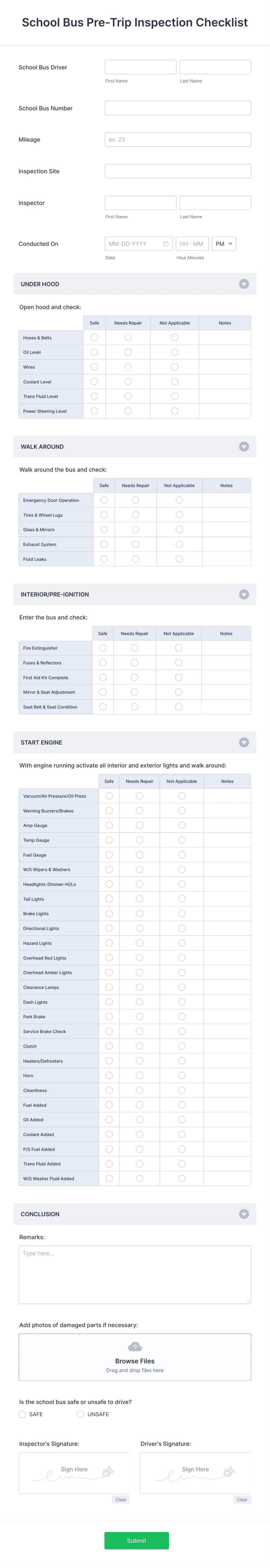 School Bus Pre-Trip Inspection Checklist Form Template | Jotform