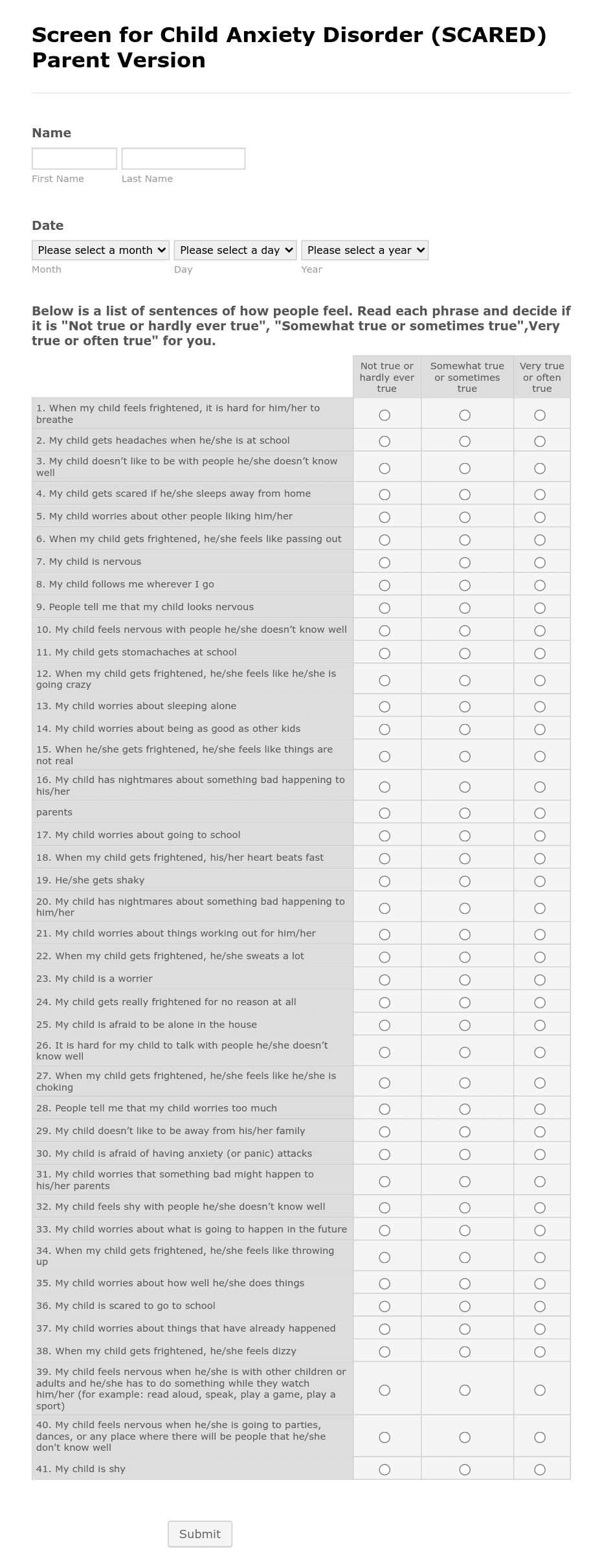 Scared Evaluation Form- Parent Version Form Template | Jotform