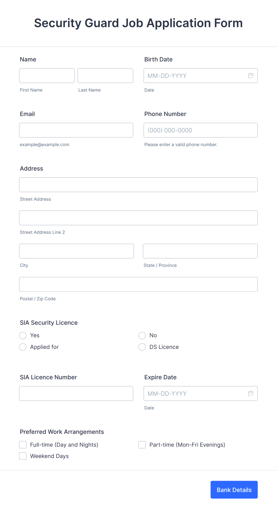 Security Guard Job Application Form Template 