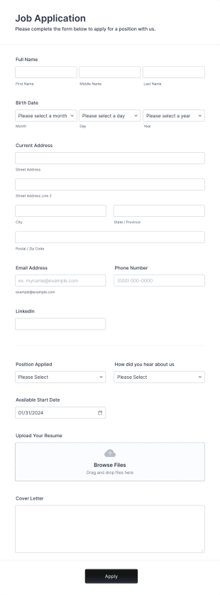 Simple Job Application Form Template