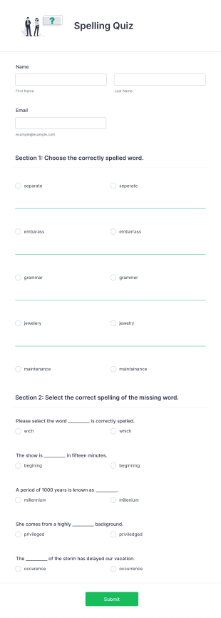 Spelling Quiz Form Template