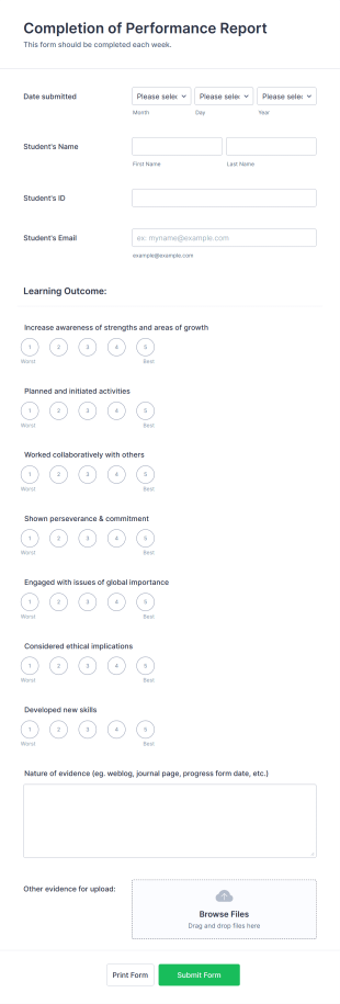 Student Performance Evaluation Form Template