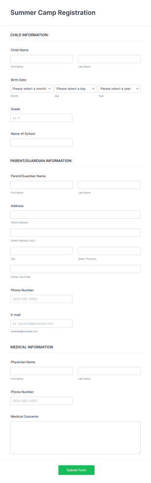 Summer Camp Enrollment Form Template