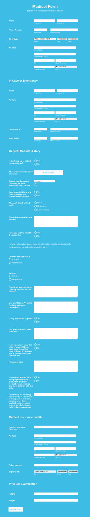 Summer Camp Medical Form Template