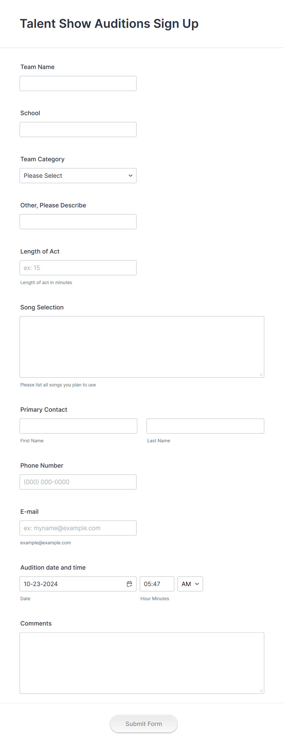 Talent Show Auditions Sign Up Form Template | Jotform