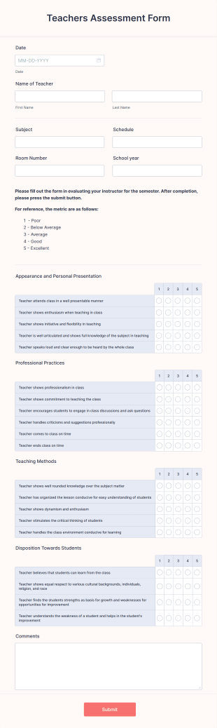 Teachers Assessment Form Template