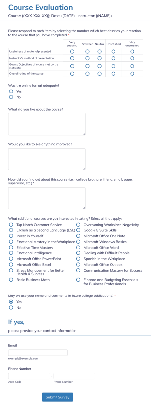 TEMPLATE COURSE EVALUATIONS Form Template