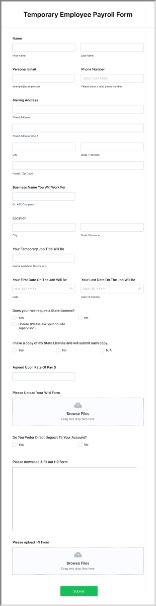 Temporary Employee Payroll Form Template