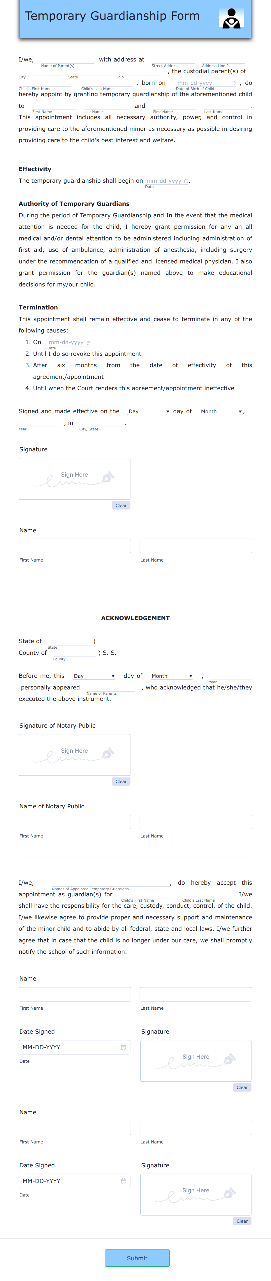 Temporary Guardianship Form Template | Jotform