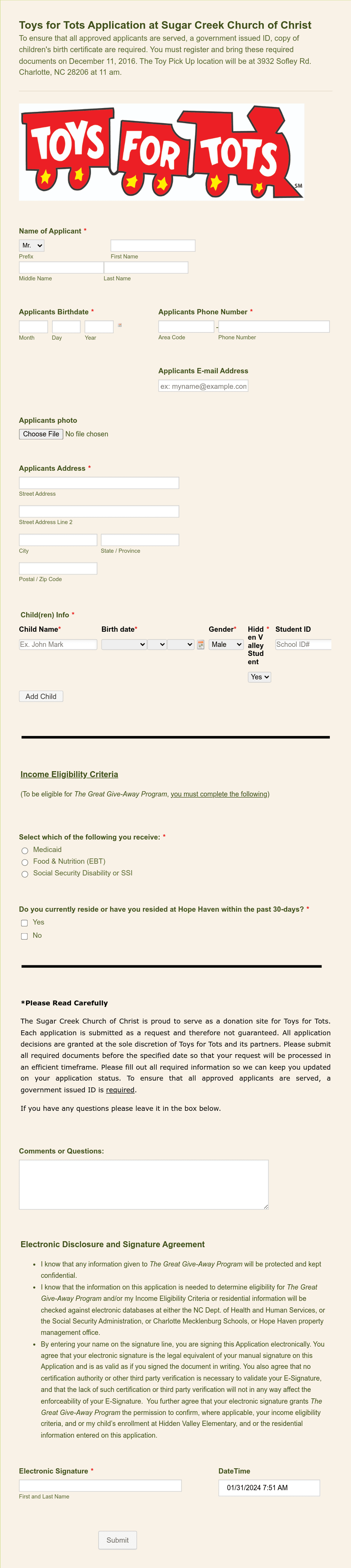 Toys for Tots Application Form Template Jotform