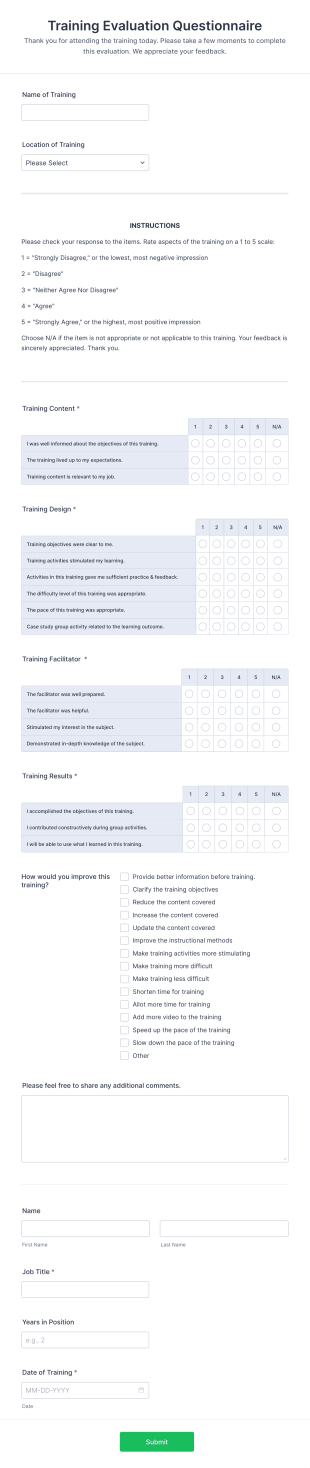 Training Evaluation Questionnaire Form Template