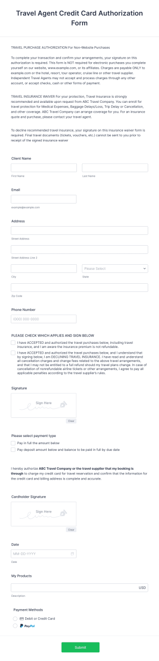 Travel Agent Credit Card Authorization Form Template