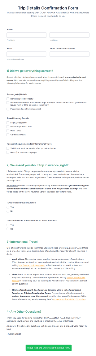 Trip Details Confirmation Form Template