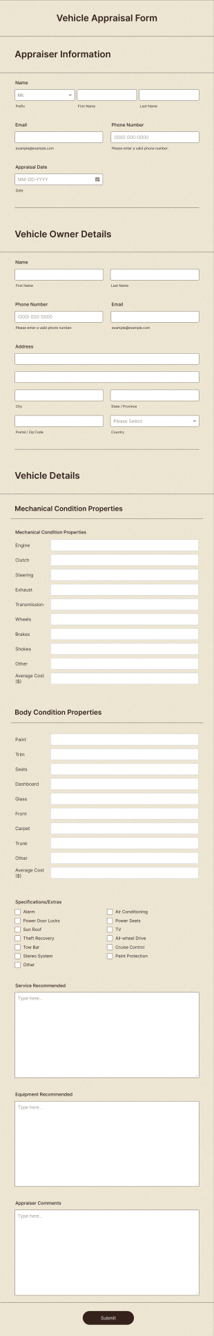 Vehicle Appraisal Form Template