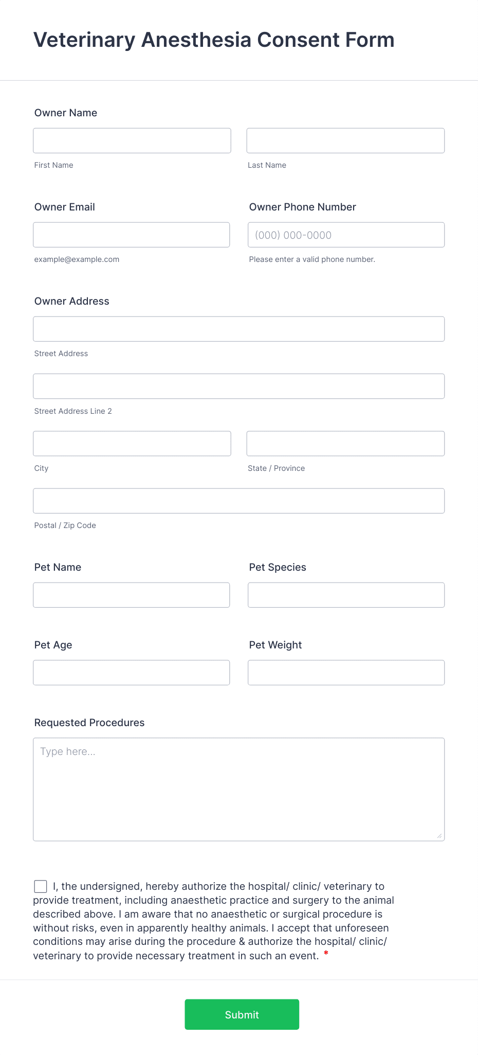 Veterinary Anesthesia Consent Form Template | Jotform