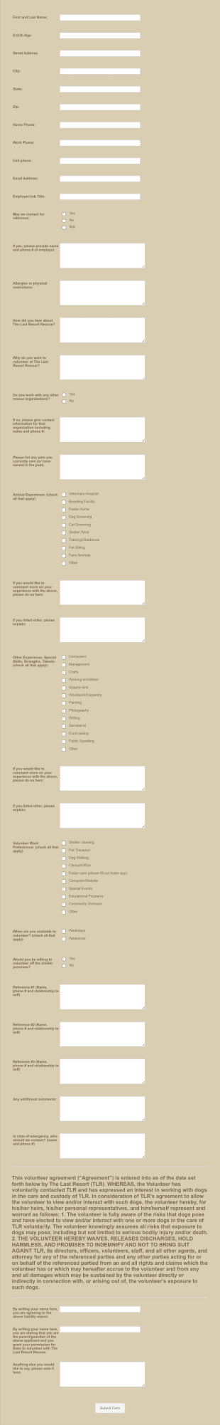 Volunteer Animal Rescue Application Form Template