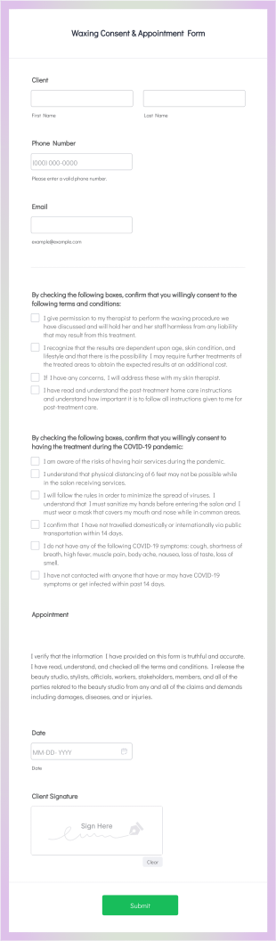 Waxing Consent & Appointment Form Template