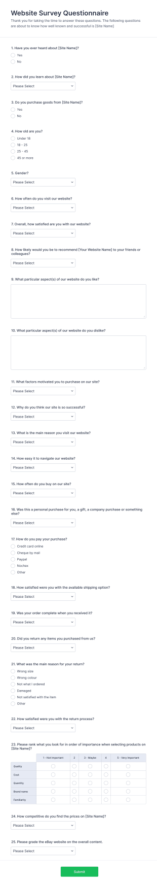 Website Questionnaire Form Template