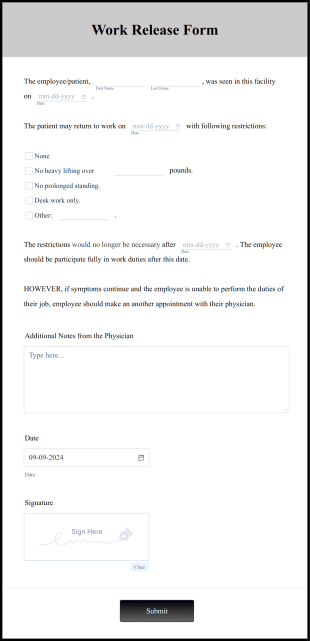 Work Release Form Template