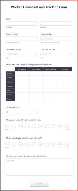 Worker Timesheet And Tracking Form Form Template