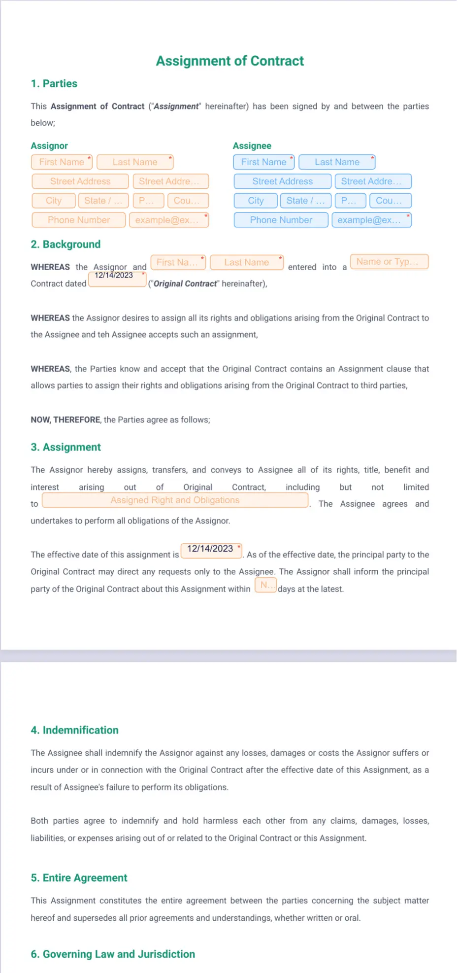Assignment of Contract Template