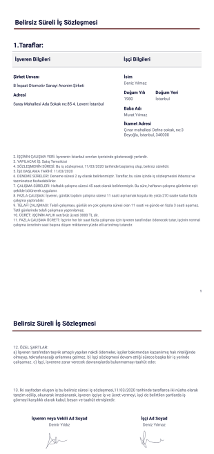 Belirsiz Süreli İş Sözleşmesi - PDF Templates