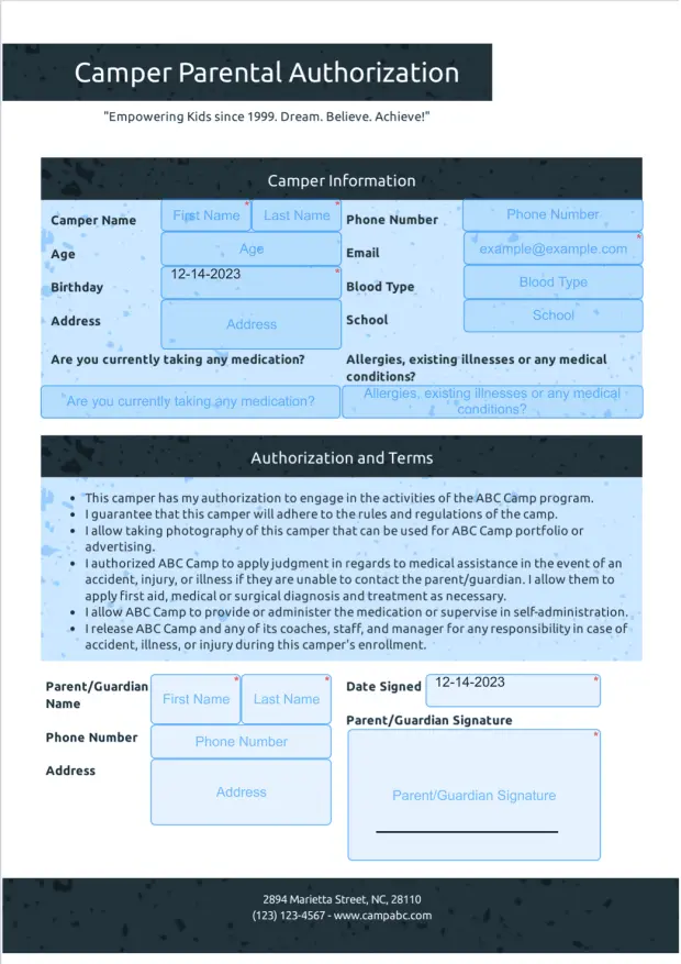 Camper Parental Authorization Template