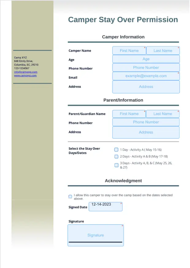 Camper Stay Over Permission Template