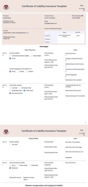 Certificate of Liability Insurance Template - PDF Templates