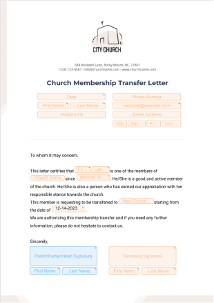 Church Membership Transfer Letter - Sign Templates