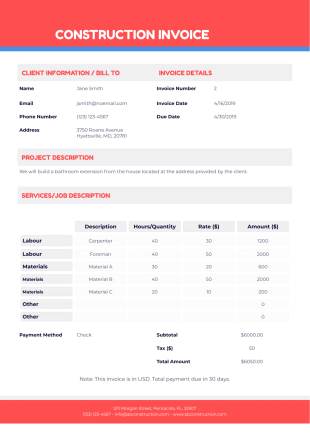 Construction Invoice Template - PDF Templates